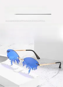 Detail of blue teardrop crystal sunglasses with gold metal frame and sparkling accents