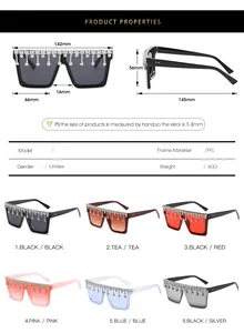 Detailed size chart and specifications for oversized rhinestone sunglasses with PC frames