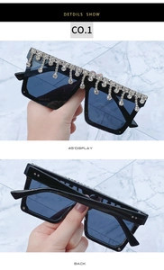 Macro detail of oversized square sunglasses with hand-set sparkling rhinestones