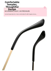 Detail of curved ergonomic gold metal temples with comfortable black plastic tips
