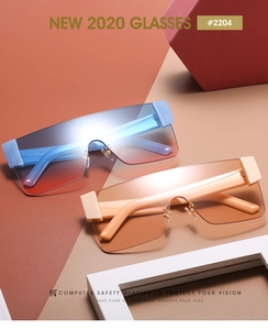 Detail of oversized rimless square sunglasses with gradient ocean blue and brown lenses