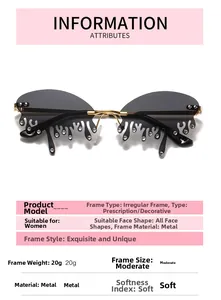 Detail of creative dripping sunglasses with dark lenses and rhinestone drop accents