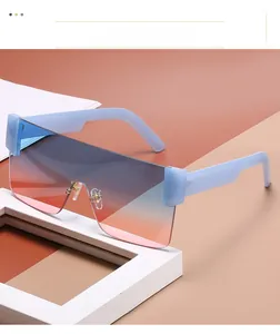 Detail view of oversized rimless sunglasses with gradient blue-orange lenses and blue temples