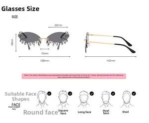 Detailed size chart for teardrop rhinestone sunglasses with gold metal frames