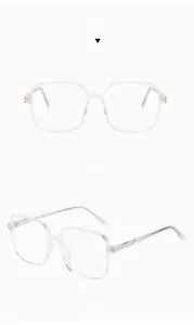 Detailed front and side views of transparent square eyeglasses with silver metal temples