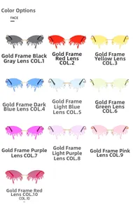 Detail showing tear-shaped rimless sunglasses in ten vibrant gradient lens colors