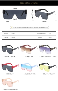 Detailed size chart and specifications for oversized rimless unisex sunglasses