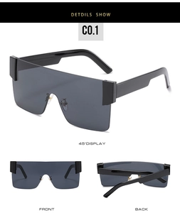 Three-way view of frameless oversized square sunglasses with gray gradient lenses