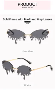 Detail of tear-shaped rimless sunglasses with gold frame and crystal water droplets