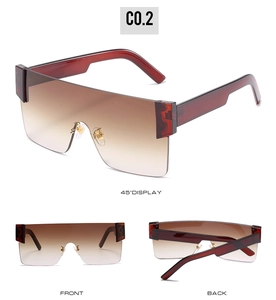 Three-angle views of brown gradient rimless oversized square sunglasses with metal nose pads