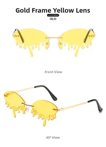 Detail of gold-framed yellow drip sunglasses featuring rhinestones and rimless design