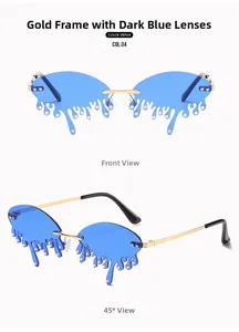 Detail of dripping effect frameless sunglasses with blue lenses and gold metal temples