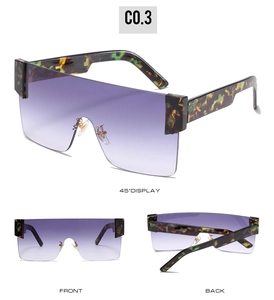 Three-angle views of rimless square oversized sunglasses with purple gradient lenses