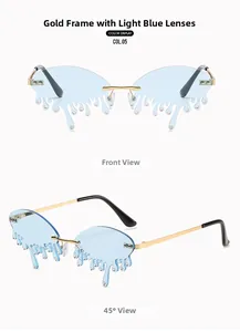 Detail of light blue teardrop rimless sunglasses with rhinestone droplets and gold frame