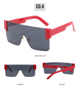 Detailed front and side views of oversized rimless square sunglasses with red frames