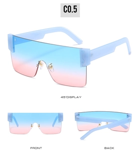 Three perspectives of frameless square sunglasses with light blue gradient lenses