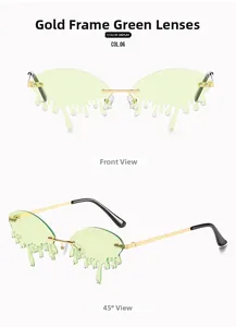 Close-up of gold frame green lens sunglasses with unique liquid tear drop design