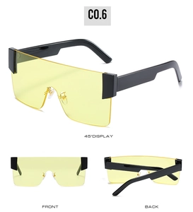 Oversized rimless sunglasses with yellow lenses shown from front and side angles