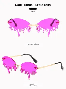 Detail of rimless melt-shape purple sunglasses with crystal droplets and gold metal temples