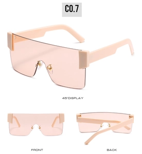 Three-angle display of nude rimless oversized square shield sunglasses for women