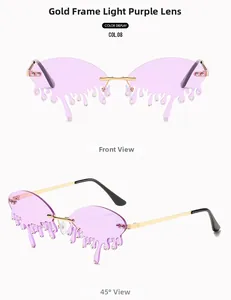 Detail of rimless purple sunglasses with unique gold metal dripping water drop design