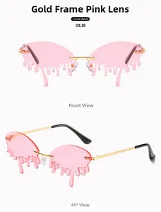 Detailed front and side views of pink flame shaped sunglasses with teardrop rhinestones