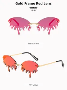 Lava drip design gold frame sunglasses with red lenses and crystal accents detail