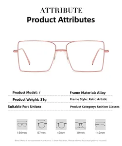 Tableau des tailles détaillé pour lunettes rétro carrées à double pont avec mesures