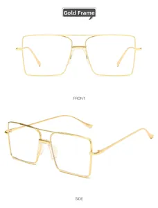 Vues de face et de côté d'une monture de lunettes carrée dorée avec double pont en métal