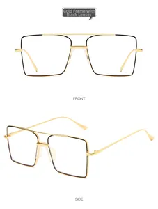 Détail de la monture de lunettes carrée en métal doré et noir avec double pont, face et côté