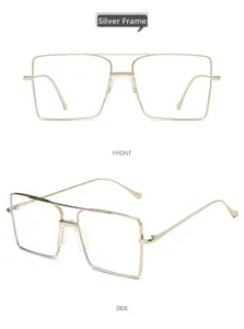 Vues avant et latérale d'une monture de lunettes carrée en métal argenté à double pont