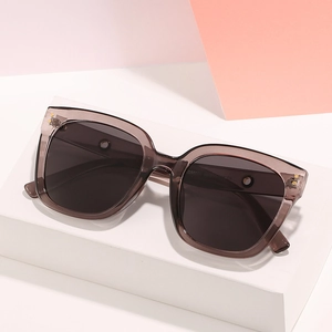 Oversized grey transparent sunglasses with dark lenses and gold rivet accents