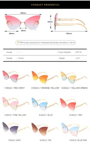 Detailed size chart for butterfly sunglasses with frame dimensions and nine color options