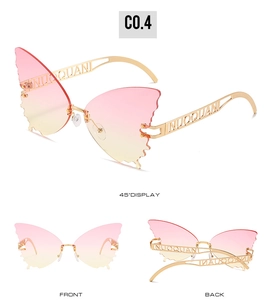 Detailed views of rimless butterfly sunglasses with pink gradient lenses and gold metal arms