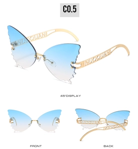 Detailed views of butterfly-shaped gradient lens sunglasses with gold metal temples