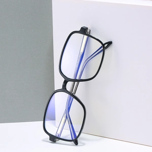 Classic black square full-rim anti-blue light glasses for students on white podium
