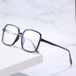 Classic black square frame anti-blue light glasses displayed on a white marble pedestal