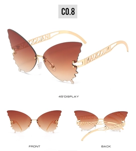 Detailed views of butterfly sunglasses with brown gradient lenses and gold frames