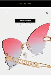 Detail of pink gradient butterfly sunglasses with gold hollowed-out metal temples