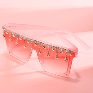 Oversized square pink gradient sunglasses with sparkling rhinestone fringe tassels decoration
