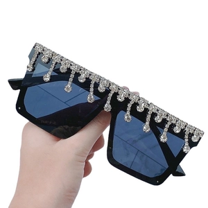 Oversized square sunglasses in black with sparkling rhinestone fringe dripping detail