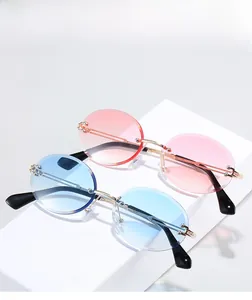 Detail of rimless oval sunglasses with pink and blue gradient lenses on white steps