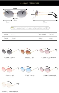 Detailed size specifications and lens color options for oval rimless sunglasses