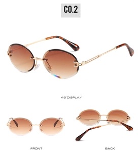 Three-angle view of rimless oval sunglasses with brown gradient lenses and gold metal frames