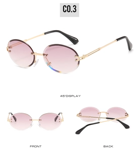 Detailed multi-angle views of rimless oval sunglasses with pink gradient lenses and gold frame