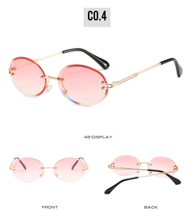 Three views of rimless oval sunglasses with pink gradient lenses and gold temples