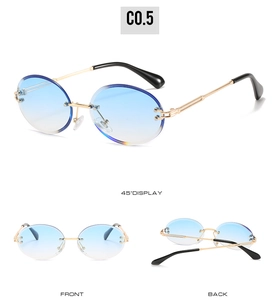 Detailed front and back views of rimless oval sunglasses with blue gradient lenses