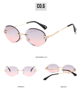 Frameless oval sunglasses with purple gradient lenses and gold metal frame shown in multi-angle