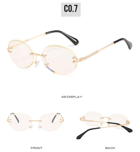Detailed views of rimless oval sunglasses showing C-shaped metal hinges and golden temples