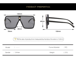 Detailed size chart of black oversized square sunglasses with PC frame and core dimensions